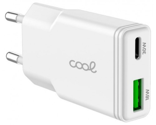 Cargador Red Universal Fast Charger (PD) Tipo-C / USB Dual COOL Plano (30W) Blanco